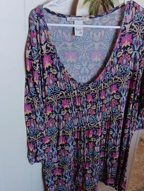 American Rag Floral Scoop Neck Tunic — Black with Pink, Blue & Gold Pattern 2x